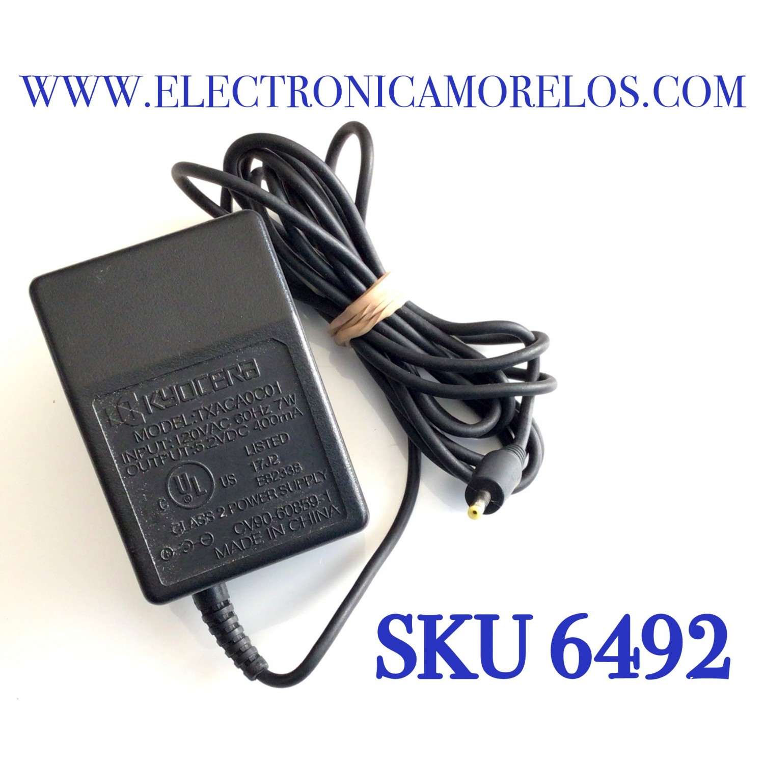 CARGADOR / ADAPTADOR DE FUENTE DE ALIMENTACION KYOCERA / VCA-VCD / NUMERO DE PARTE TXACA0C01 / CV90-60859-1 / E82338 / ENTRADA VCA 120V 60HZ 7W / SALIDA VCD 5.2V 400MA / MODELO TXACA0C01